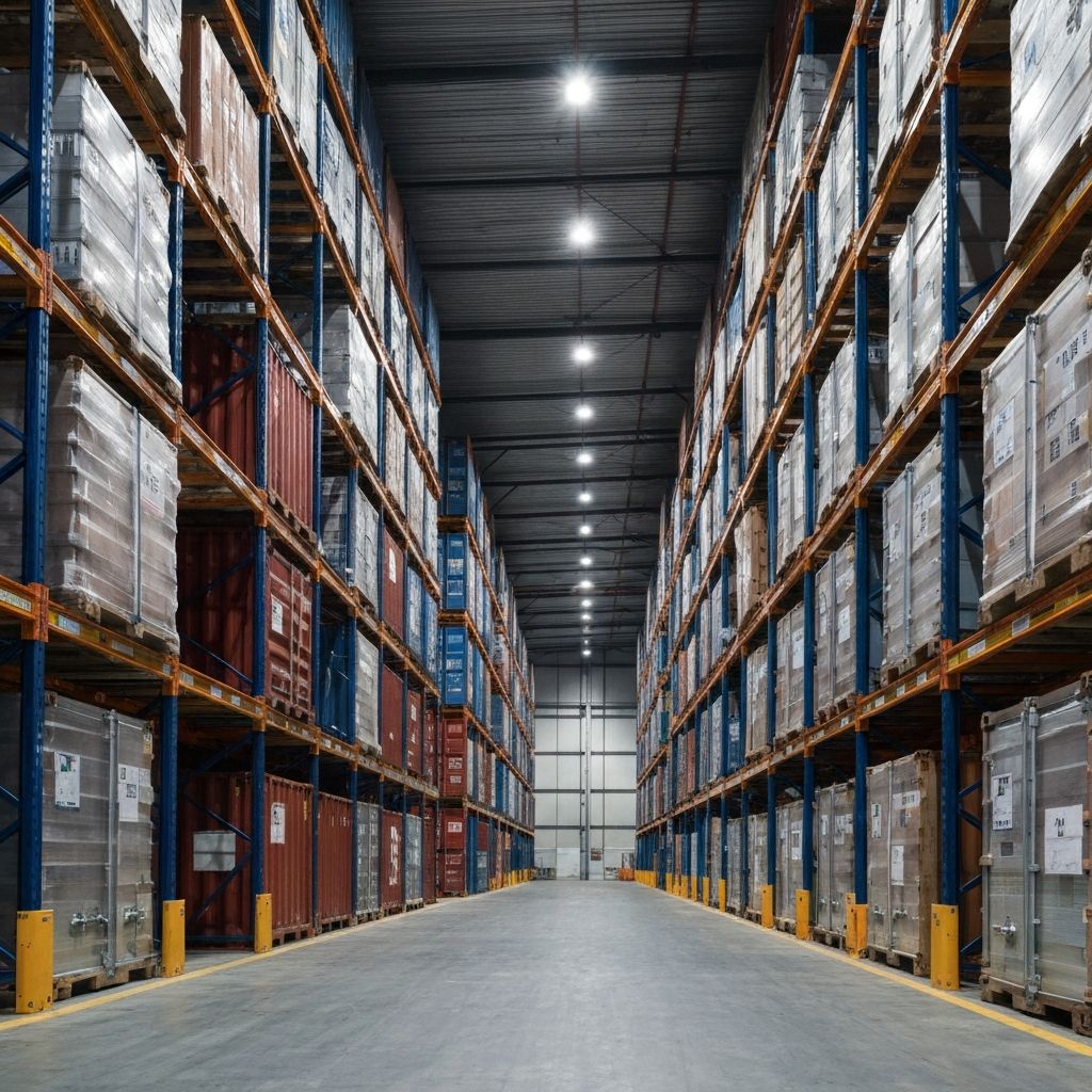 Freight containers and cargo boxes stacked in a logistics warehouse